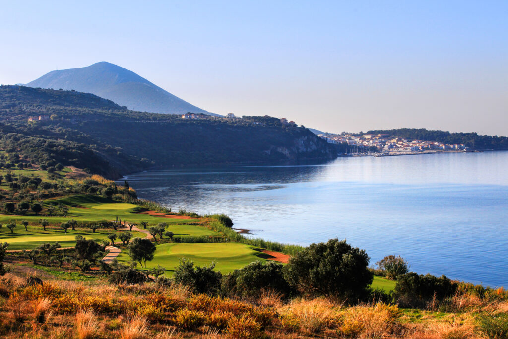 sea and mountain backdrop at the Bay Course at Costa Navarino