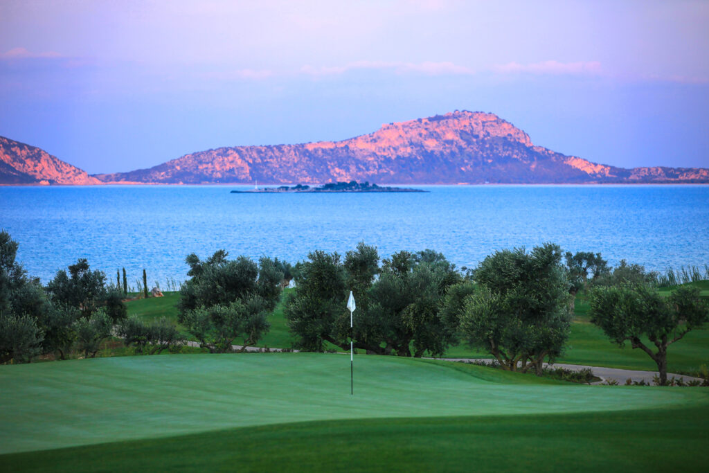 sea and mountain view from the Bay Course at Costa Navarino