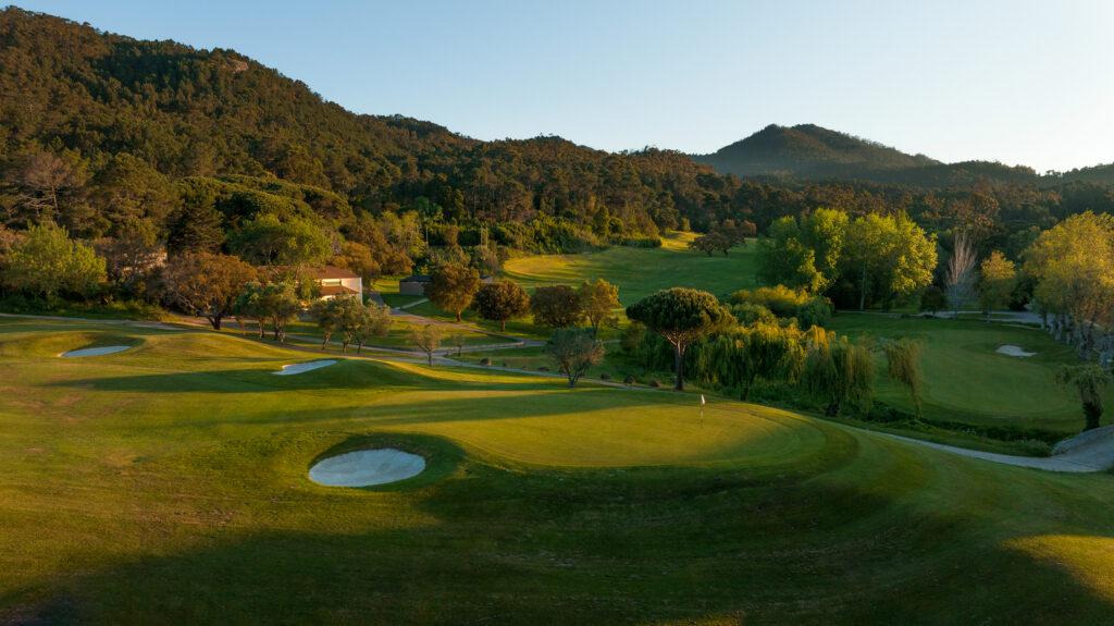 Aerial view of a hole with bunkers at Penha Longa Atlantic Course