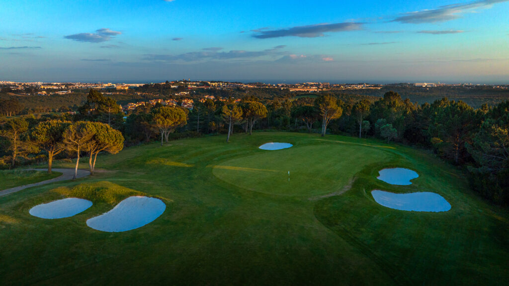 Aerial view of a hole with bunkers at Penha Longa Atlantic Course