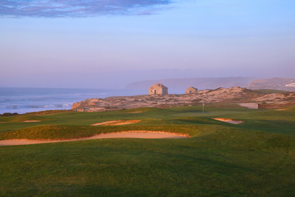 Bunkers on fairway with beach view at Praia d'el Rey Golf Course