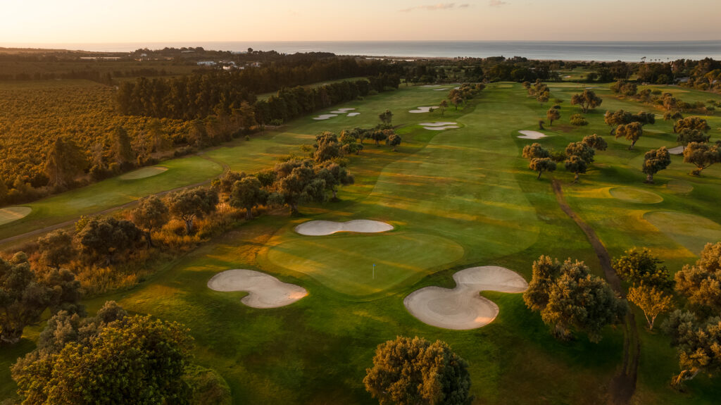 Aerial view of the fairway with a green and bunkers around it at Quinta De Cima Golf Course