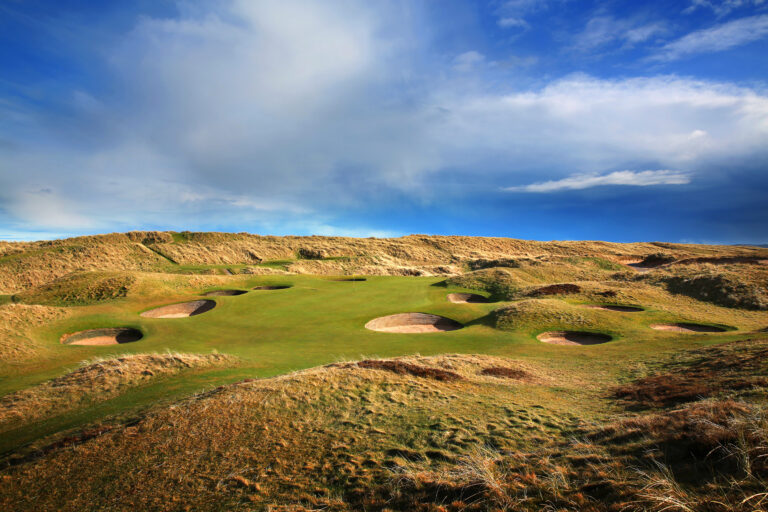 Hole with bunkers around at Balgownie Links at Royal Aberdeen Golf Club