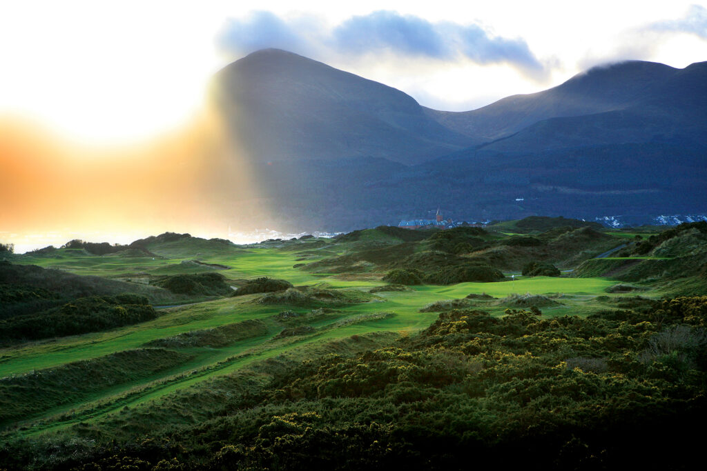 Fairway at Annesley Links at Royal County Down with hills in background