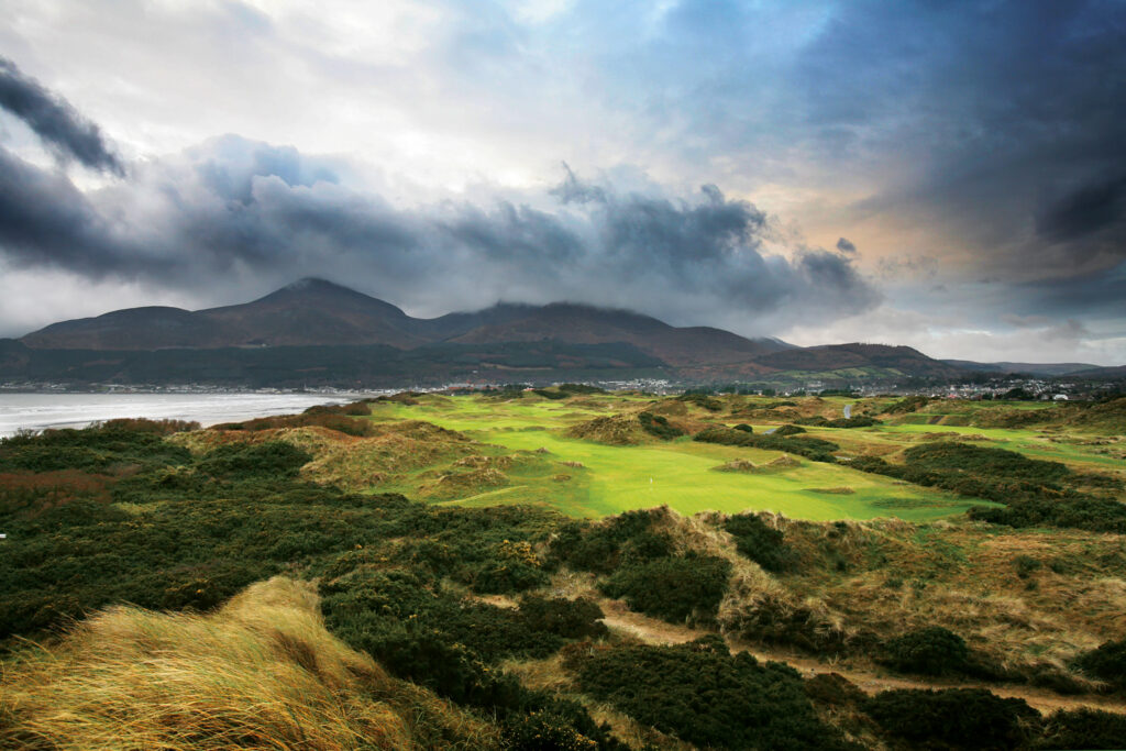 Fairway at Annesley Links at Royal County Down with hills in distance