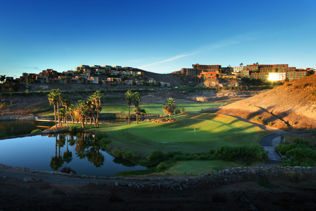 Aerial view of a hole at Salobre Golf - Old Course with lake