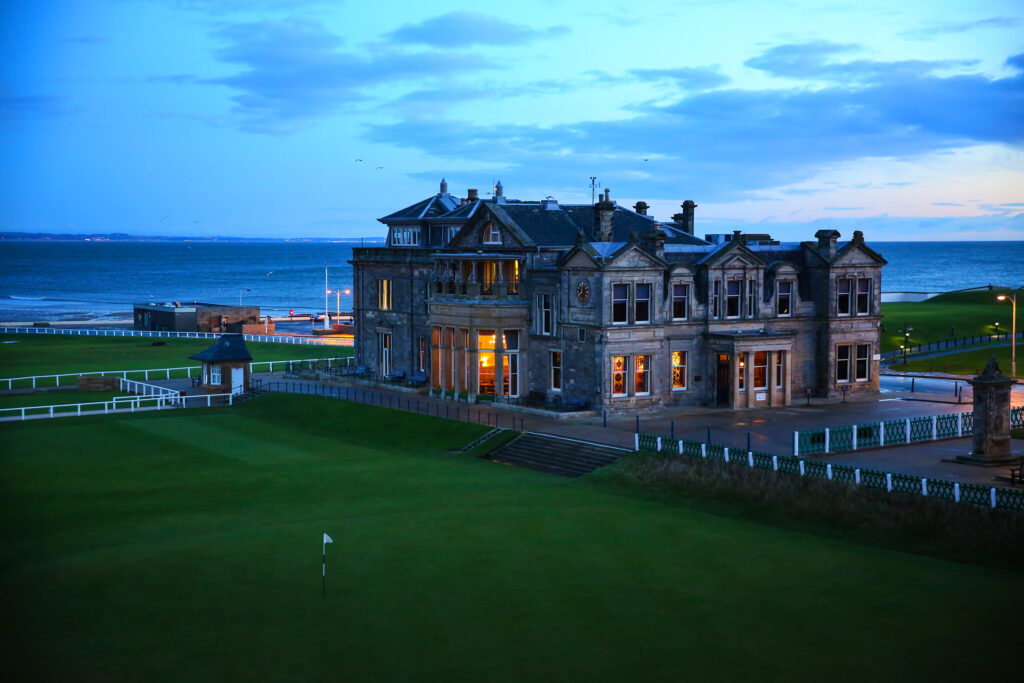 Building at The Old Course at St Andrews with ocean in background