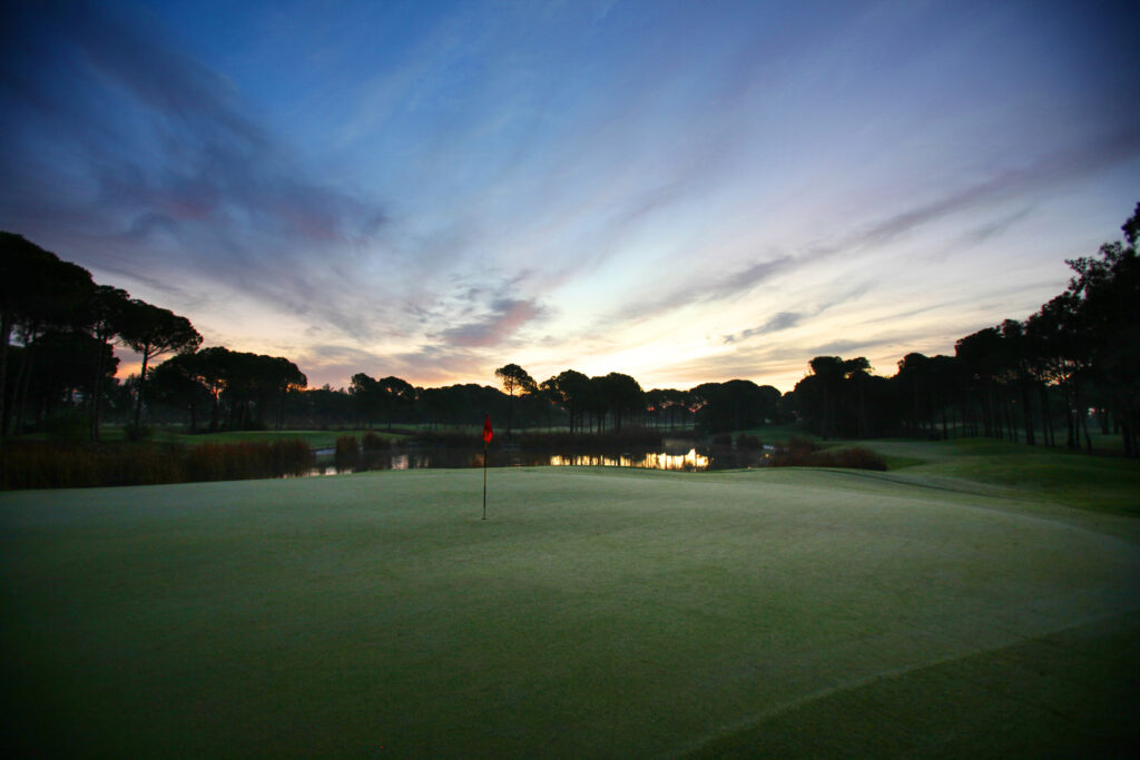 Hole with lake and trees in background at Sueno Golf Club - Pines Course