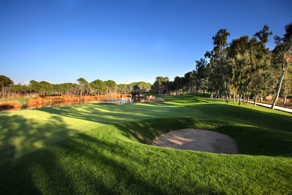 Hole with bunker at Sueno Golf Club - Pines Course with lake and trees around