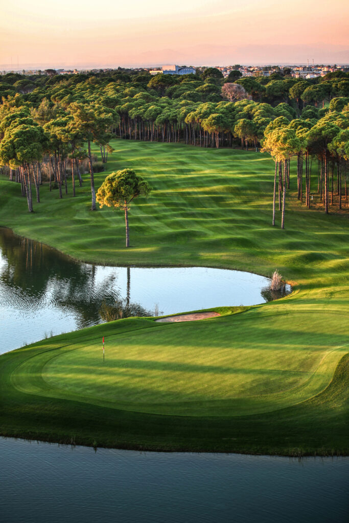 Fairway with lake and trees around at Sueno Golf Club - Pines Course