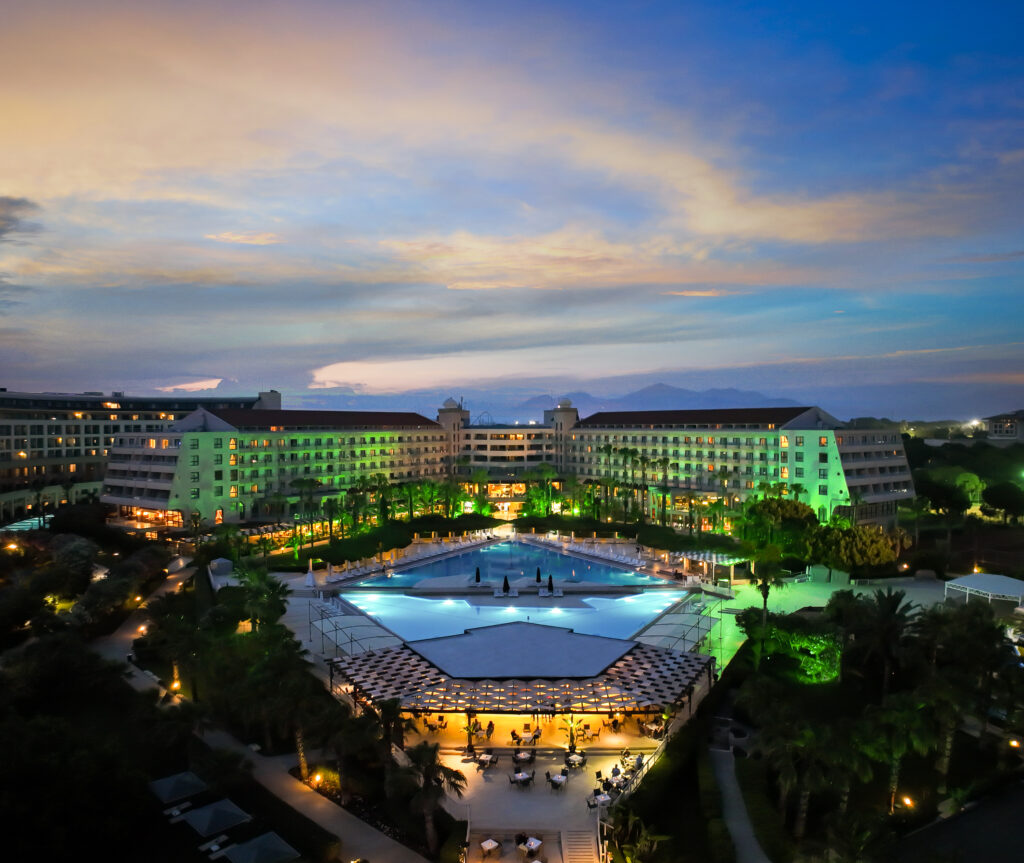 Exterior of Kaya Belek Hotel at night