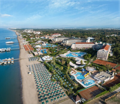 Aerial view of Kaya Belek Hotel with beach