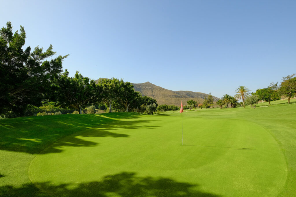 A green with red flag at La Envia Golf Course