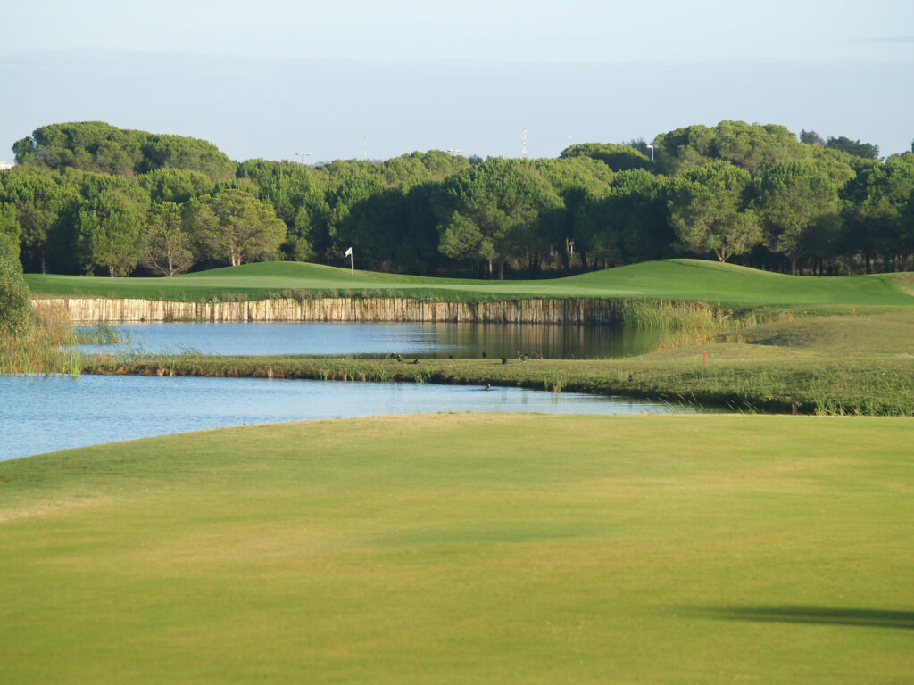 Fairway with lakes and trees around at La Monacilla Golf Course