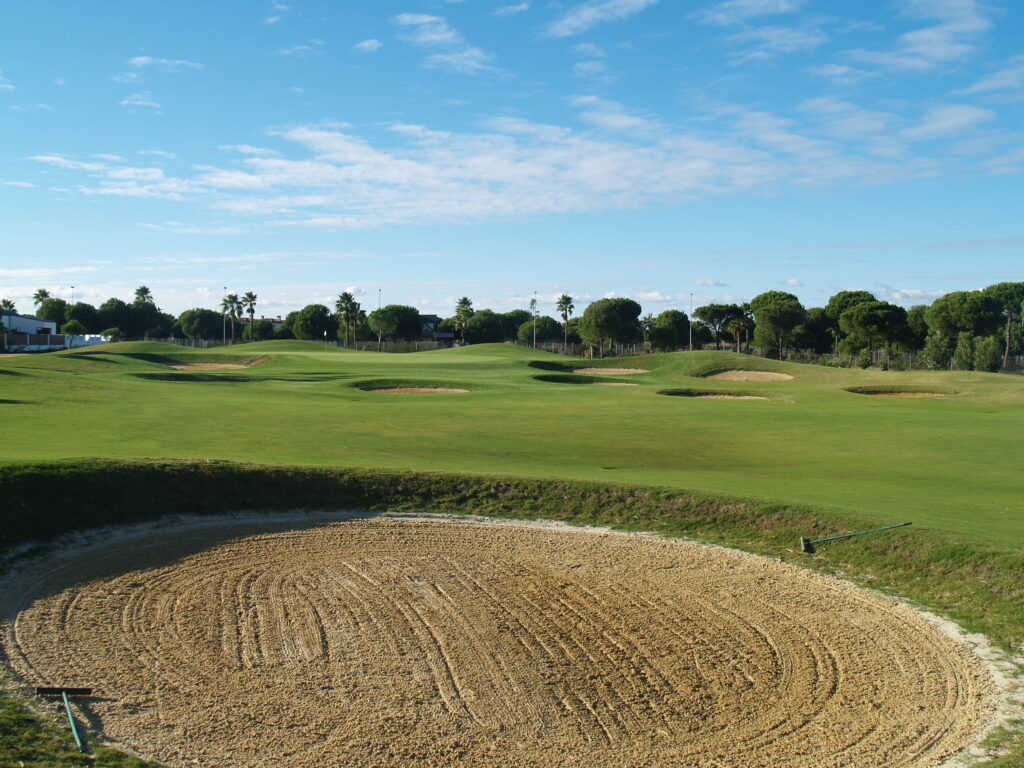 Fairway with bunkers and trees around at La Monacilla Golf Course