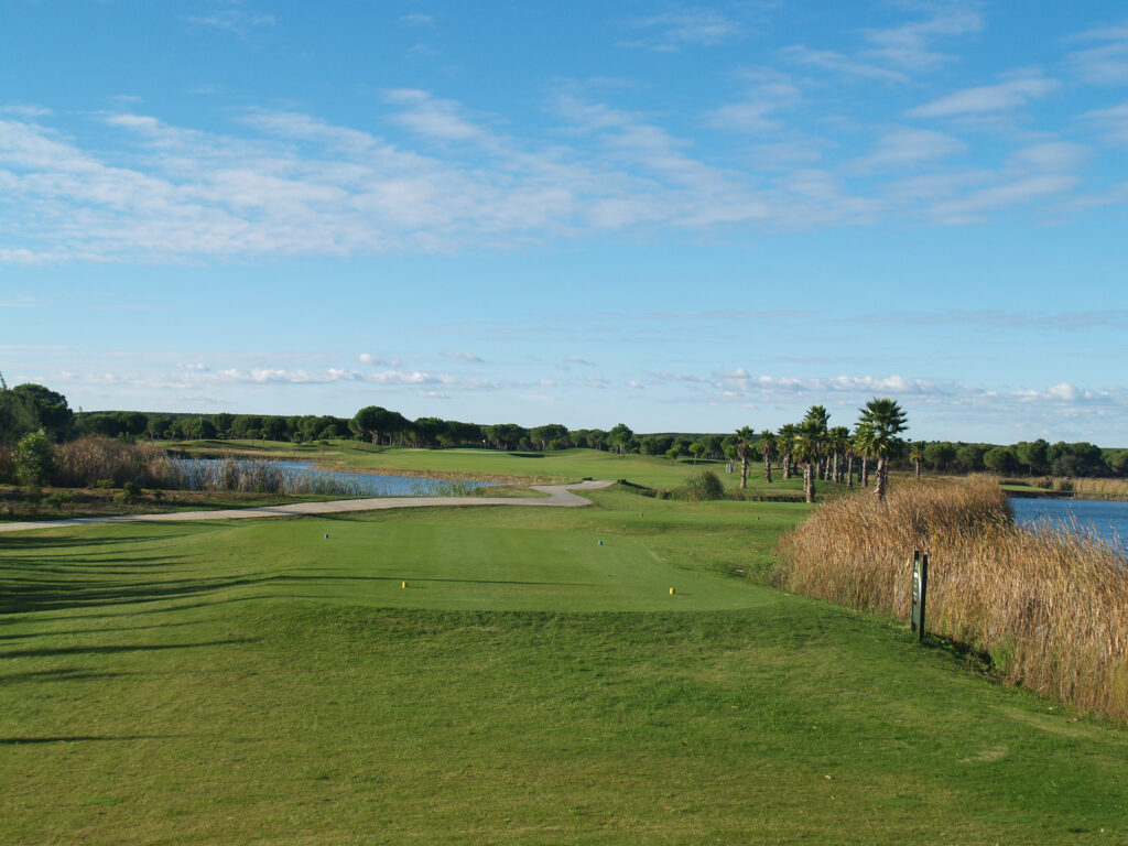 Tee box with lake in background at La Monacilla Golf Course