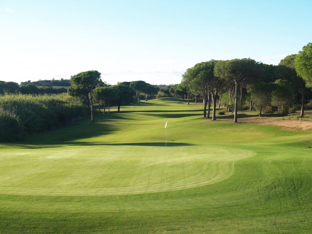 Hole with white flag and trees around at La Monacilla Golf Course