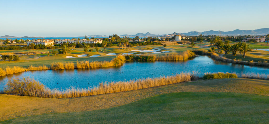 Lake and bunkers on fairway at La Serena Golf Course