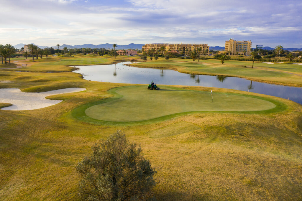 Hole with lake and bunker at La Serena Golf Course