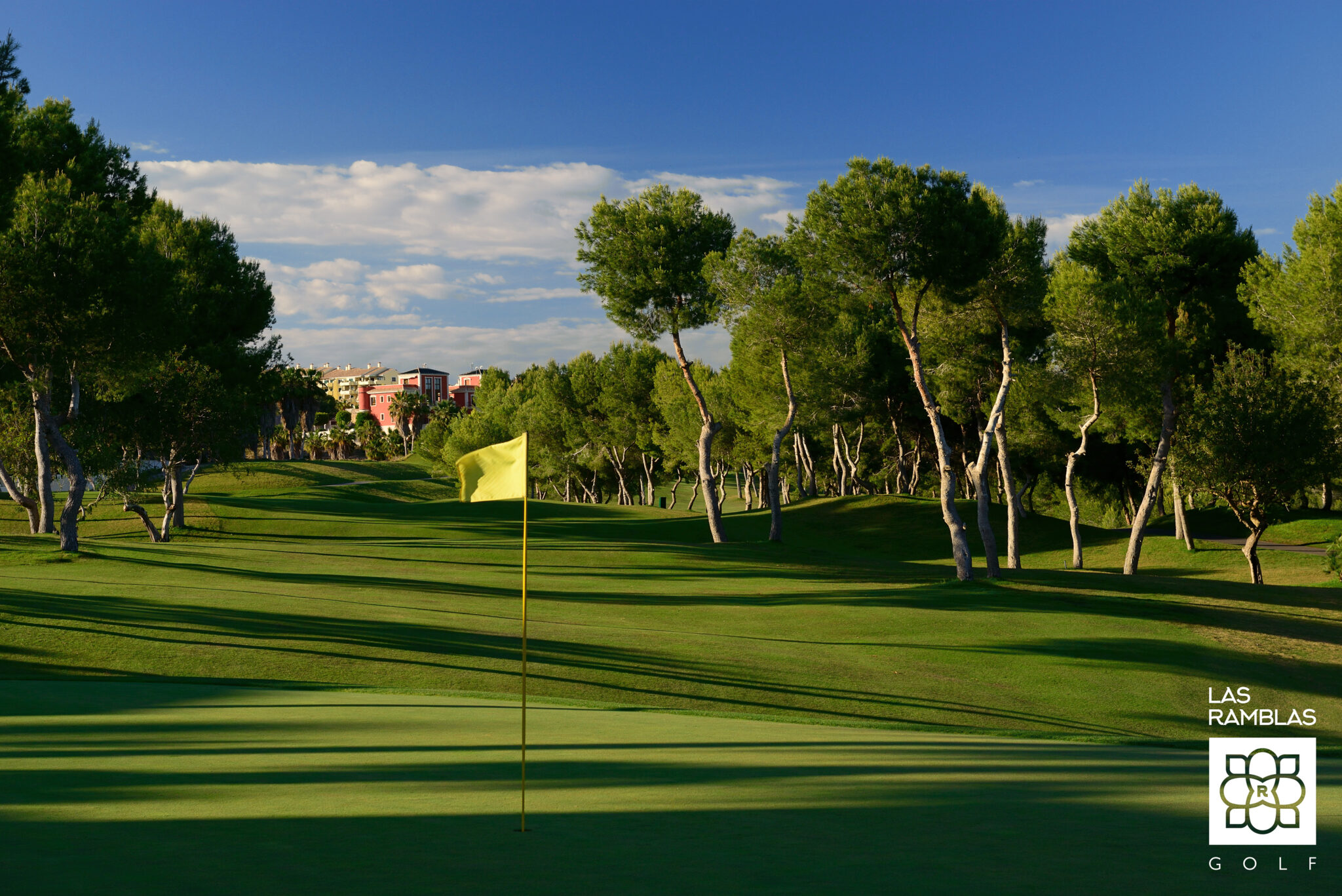 A hole with a yellow flag with trees in the background at Las Ramblas Golf Course