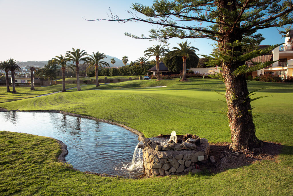 Hole with water hazard and palm trees at Los Naranjos Golf Course