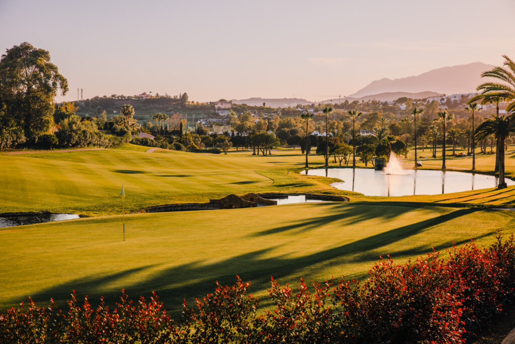 Hole with water hazards and fairway in background at Los Naranjos Golf Course