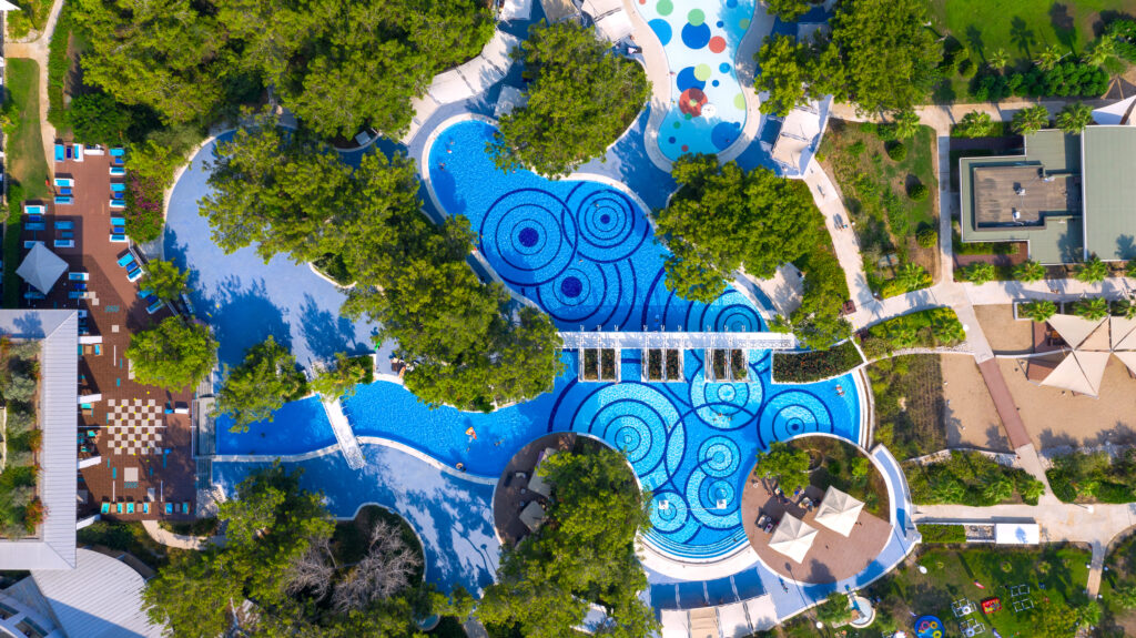 Aerial view of the outdoor pools at Lykia World & Links Golf Antalya