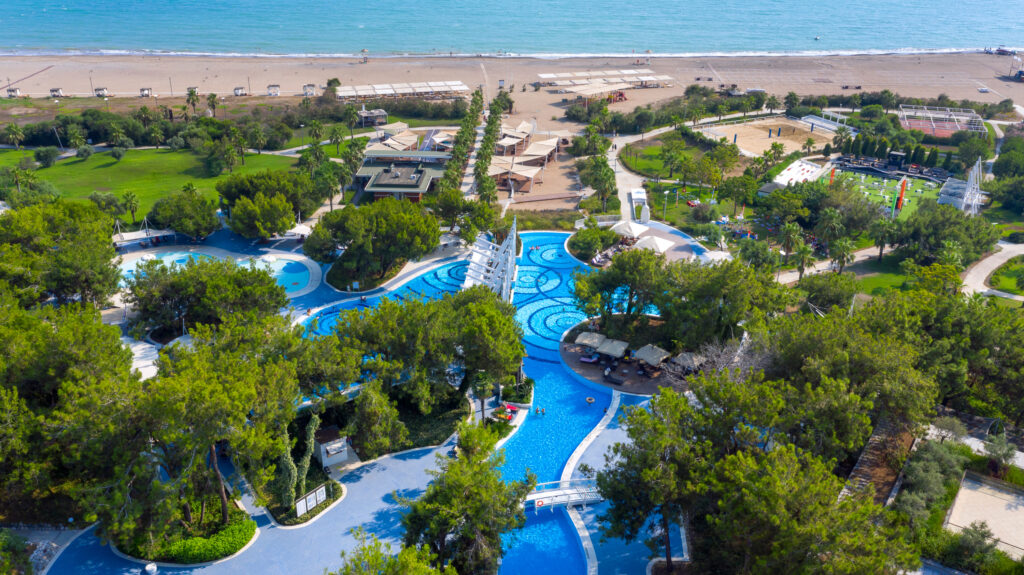 Aerial view of the outdoor pools at Lykia World & Links Golf Antalya