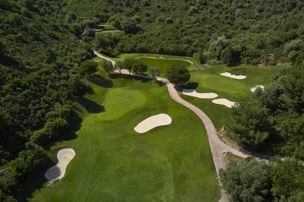 Aerial view of the fairway with bunkers at Marbella Golf & Country Club