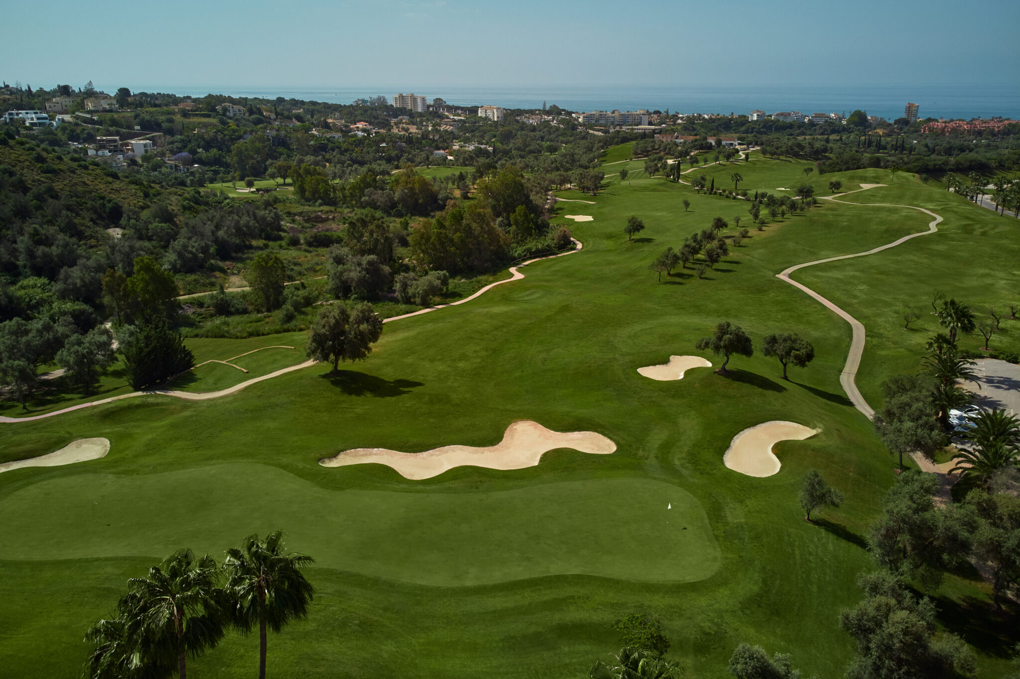 Aerial view of the Marbella Golf & Country Club fairway with bunkers