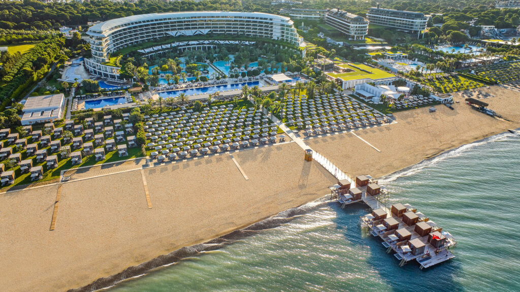 Aerial view of Maxx Royal Belek Golf Resort with beach