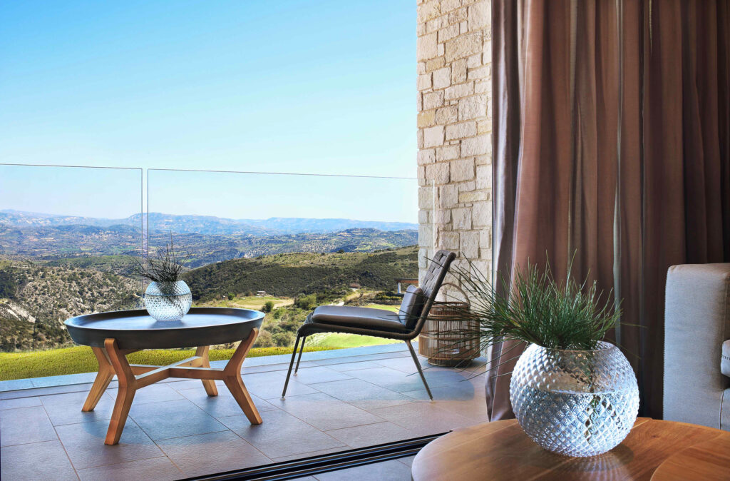 Balcony overlooking the hills around Minthis Resort