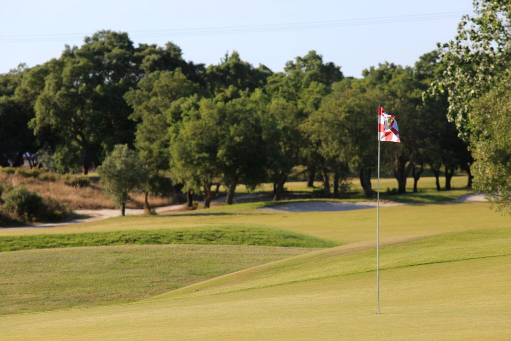 Hole with red and white flag and trees in background at Montado Golf Course