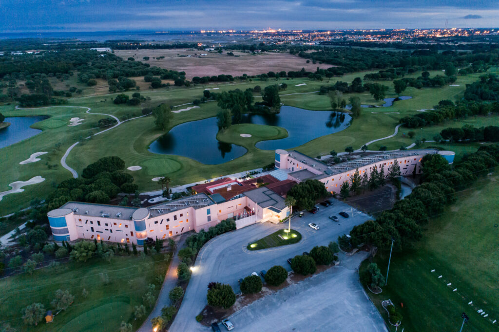 Aerial view of Montado Golf Course with building at night