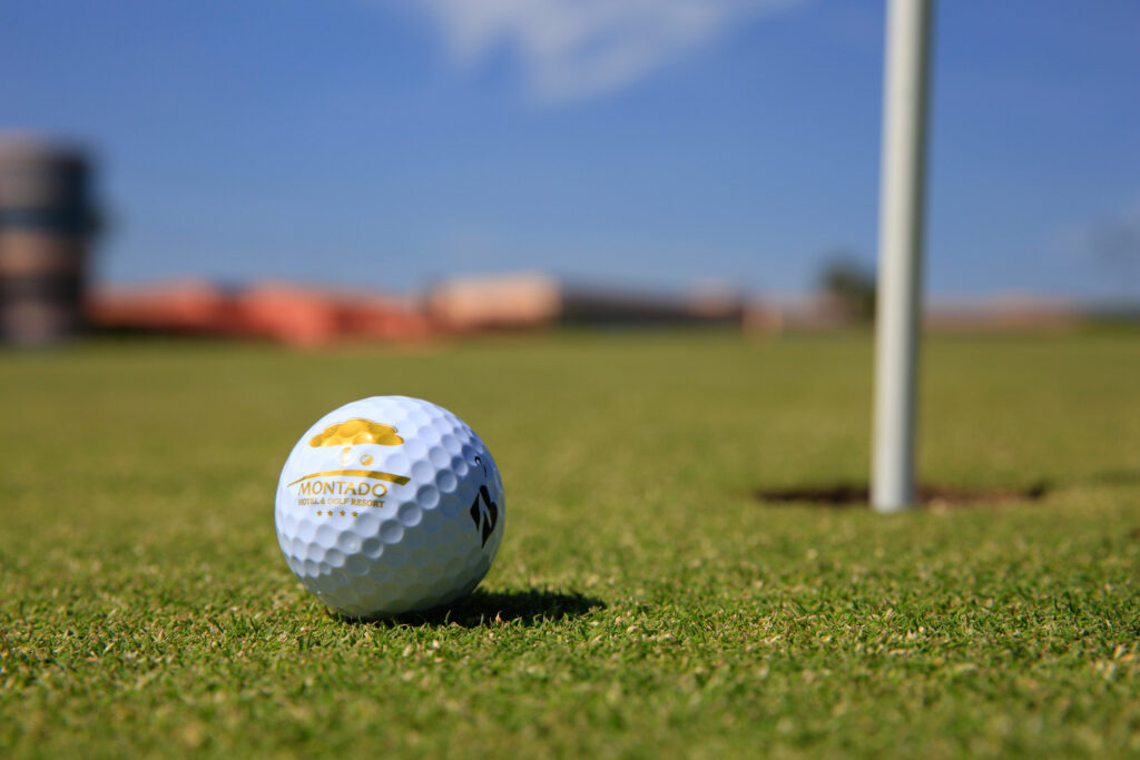 Close up of a Montado Golf Course golf ball