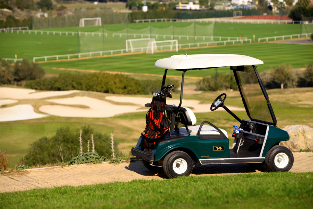 Buggy parked on path at Montecastillo Golf Course