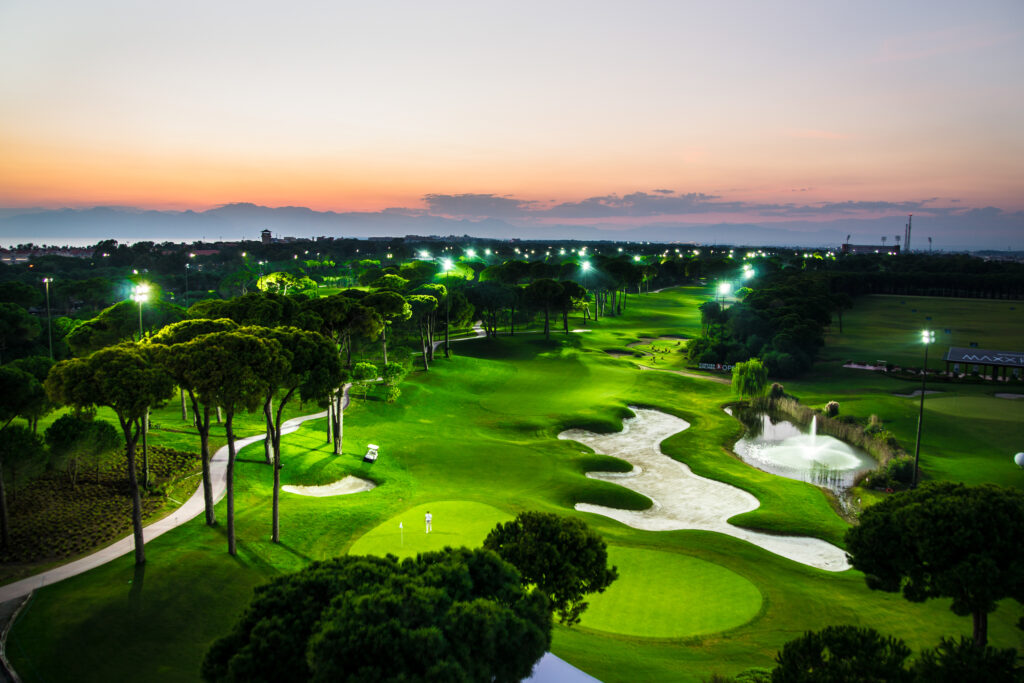 Aerial view of fairway with bunkers and trees around at Montgomerie Maxx Royal Golf Course