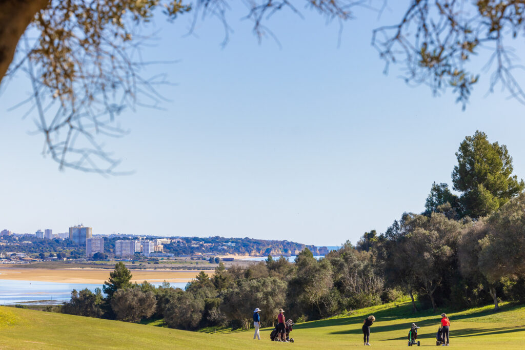 People playing golf at Palmares Golf Course with buildings in background