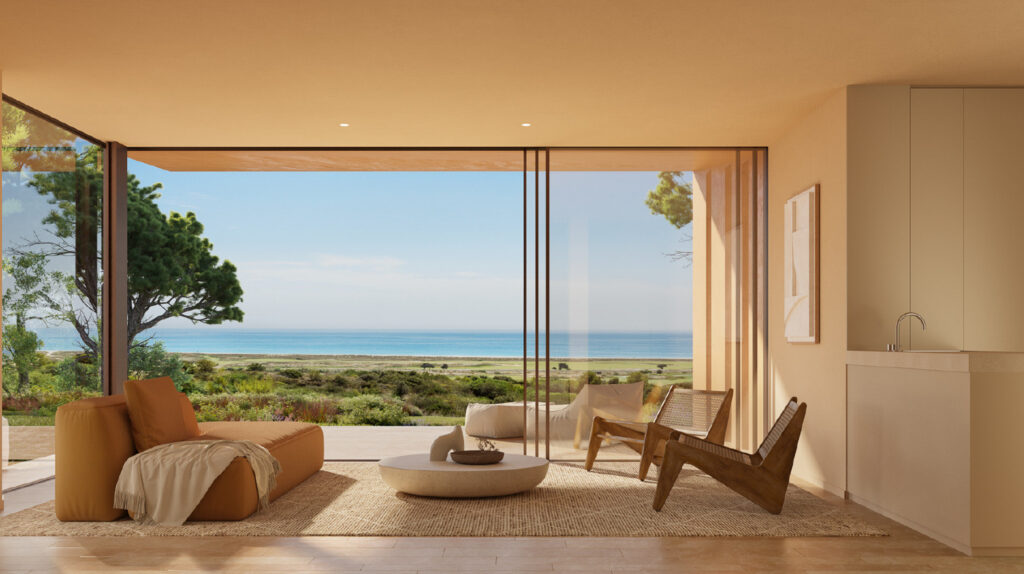 Living area with large window and ocean view in accommodation at Palmares Signature Apartments