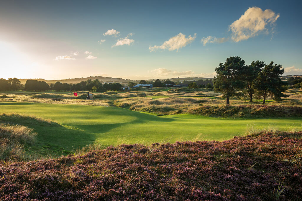 Hole with red flag at Panmure Golf Club surrounded by heather