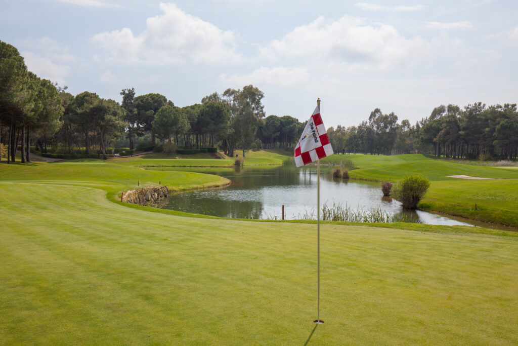 Hole with red and white checkered flag at The Pasha Golf Course with lake in background