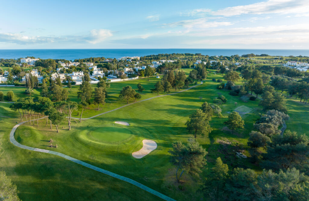 Fairway surrounded by trees with ocean in background at Alto Golf Course