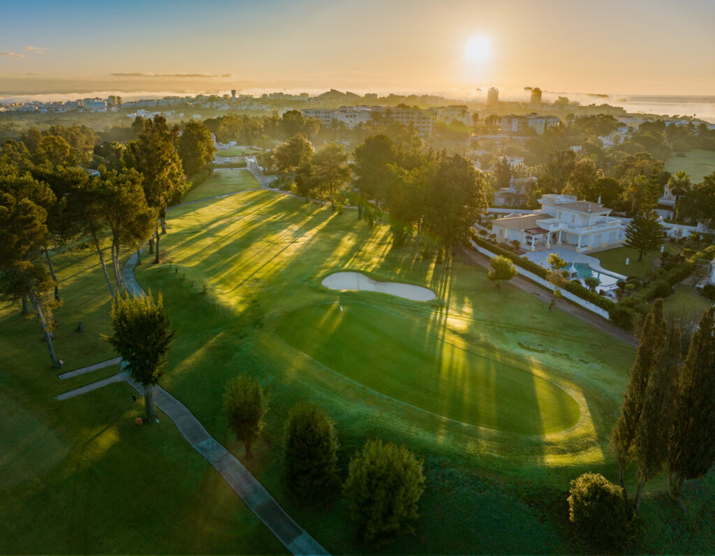 A green at Alto Golf Course with trees around at sunset