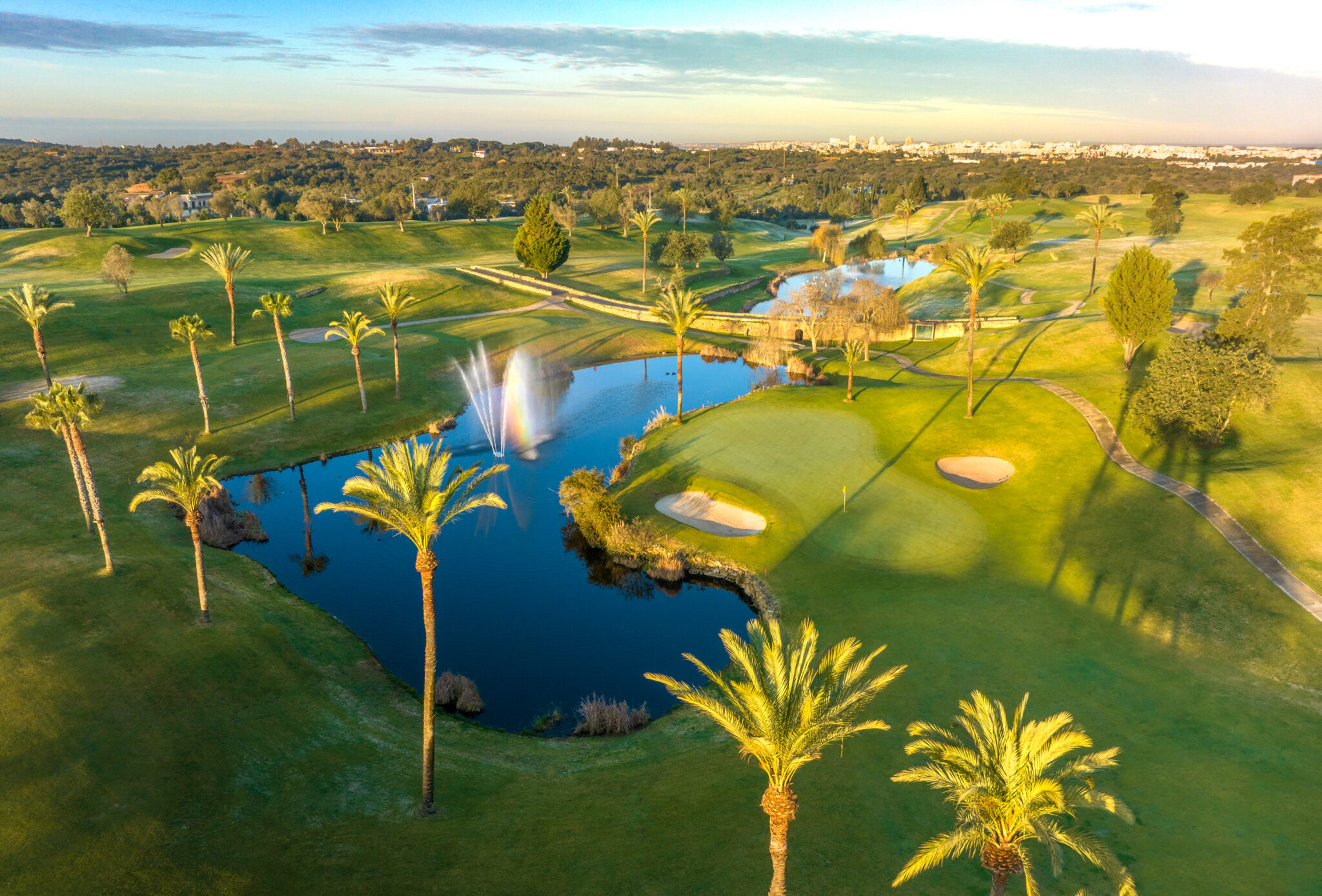 Aerial view of fairway with bunkers and palm trees and lake at Gramacho Golf Course