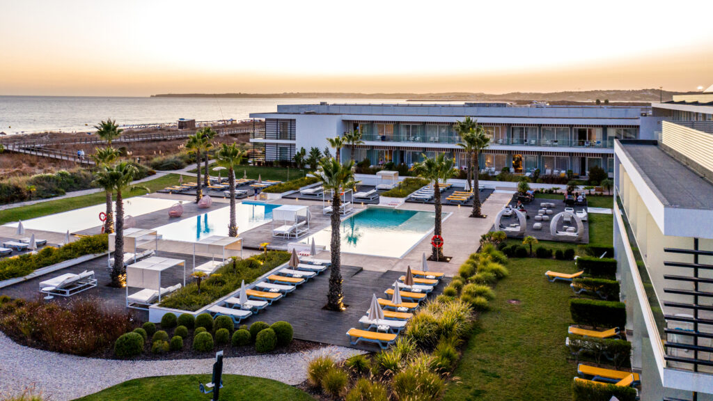View of Pestana Alvor South Beach hotel and outdoor pools