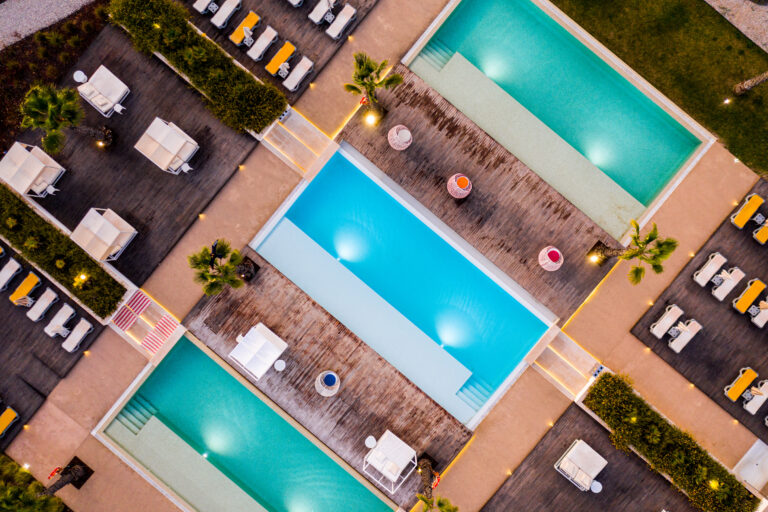 Birdseye view of three outdoor pools at Pestana Alvor South Beach