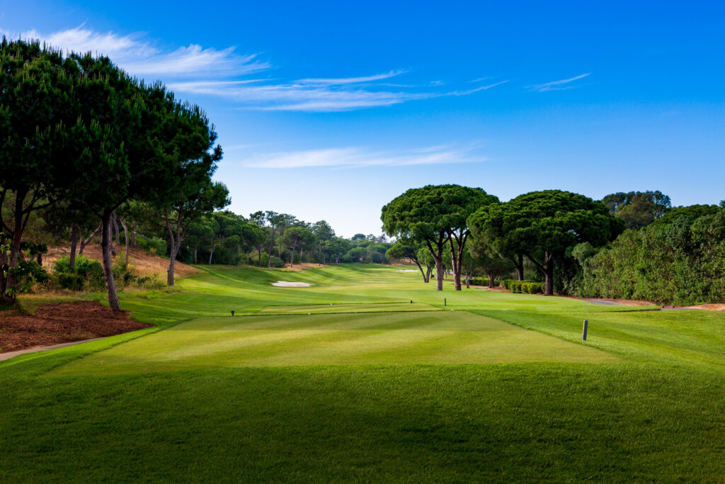 A tee box looking out at the fairway with trees around at Quinta Do Lago North Golf Course