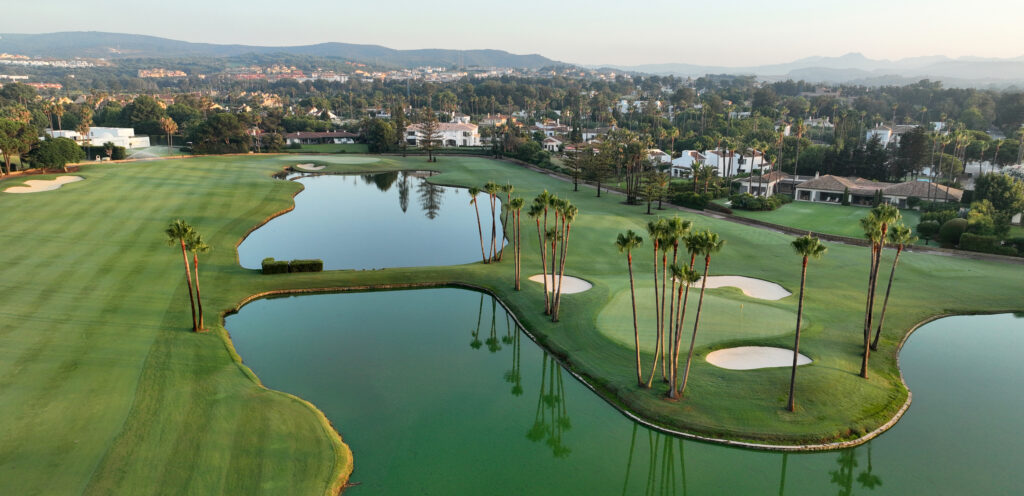 Aerial view of lakes on fairway at Real Club Valderrama Golf Course