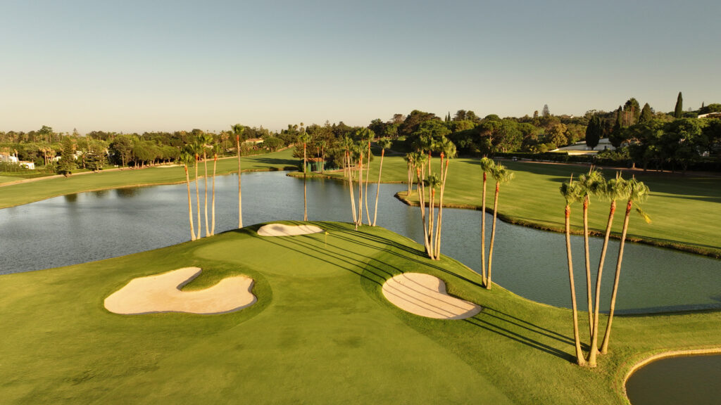 Lake with bunkers at Real Club Valderrama Golf Course