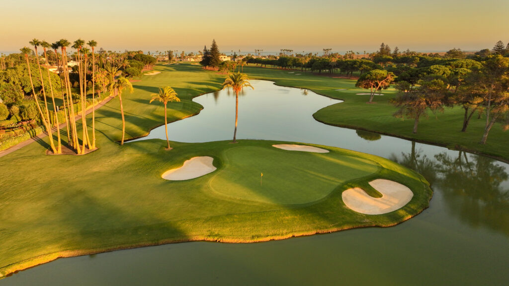 Lake on fairway with bunkers at Real Club Valderrama Golf Course